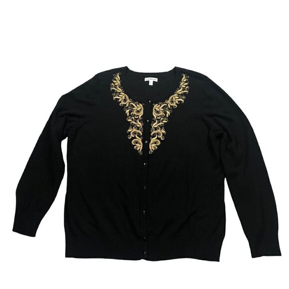 Croft & Barrow Black with Embroidered Gold Filigree Cardigan Sweater Size XL - Picture 1 of 8